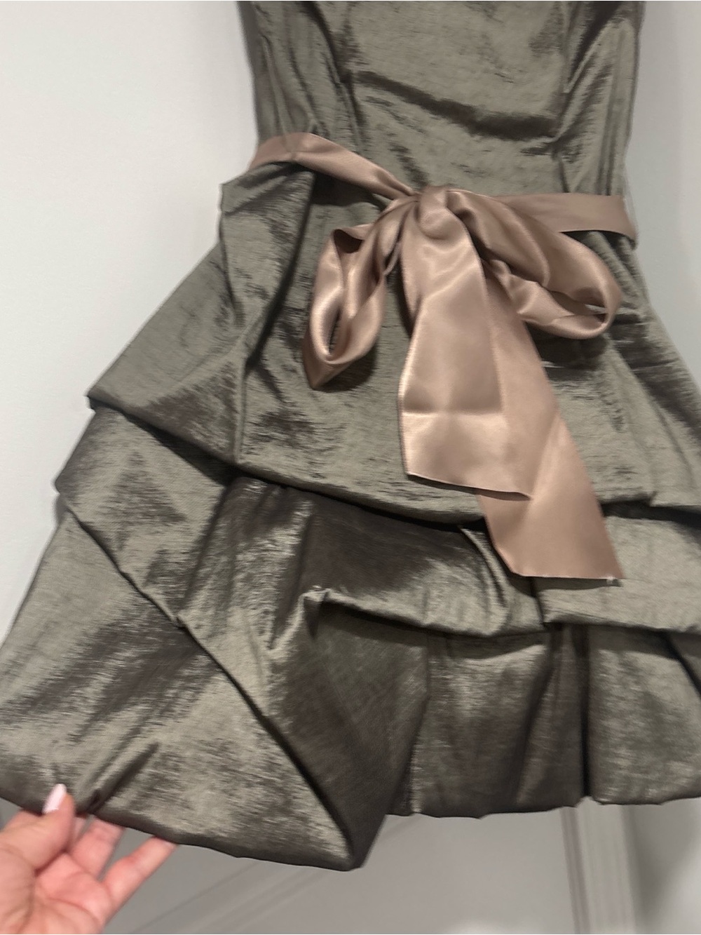 N V Couture Olive Green Party Dress with Satin tan Waist Tie - Picture 2 of 6